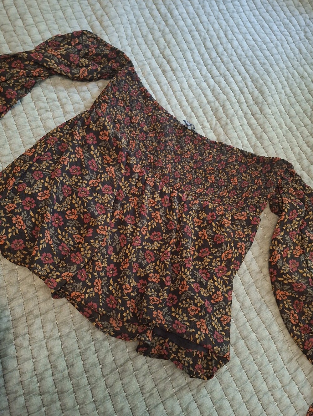 Smocked Off-Shoulder Floral Top - Black with Red & Orange Flowers